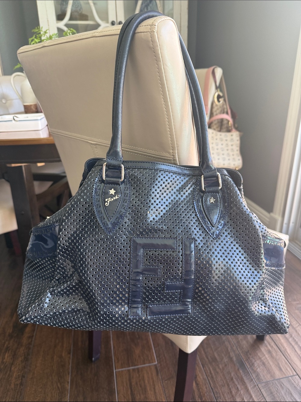 Fendi Etnico Navy Perforated Patent Leather Shoulder Bag with COA